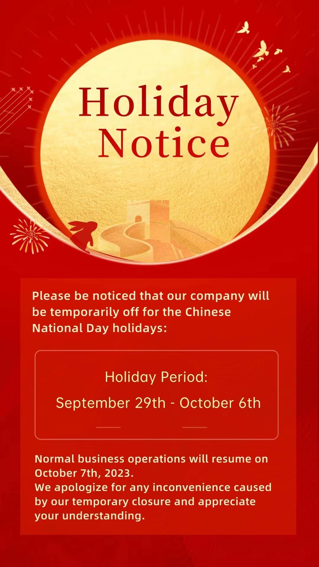 2023 China's National Day Holiday Notice